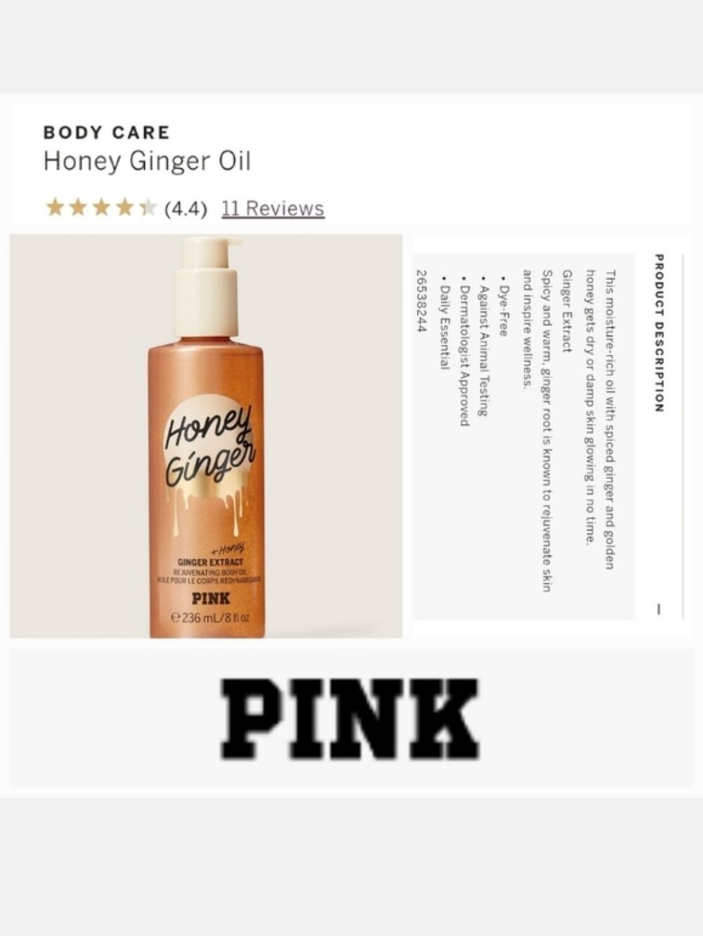 Victoria's secret pink honey ginger body oil moisturizer LIMITED EDITION